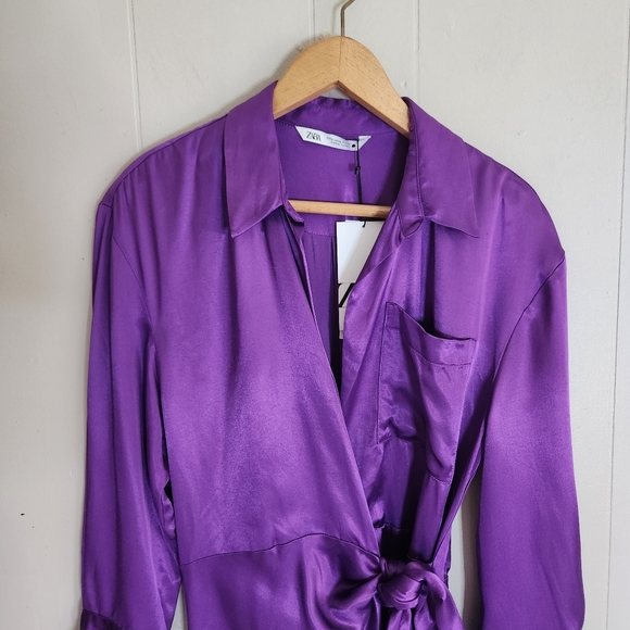 Zara nwt Satin effect wrap dress mini purple M - Picture 4 of 14
